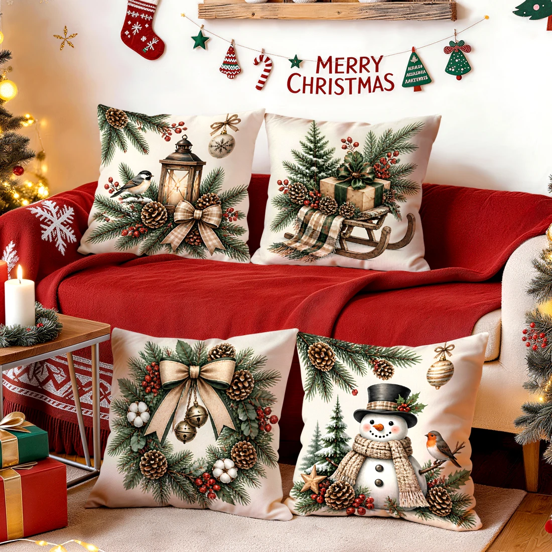 1/4pcs Vintage Christmas Cushions Pillowcase Polyester Cushion Cover Throw Pillow Pillowcover Home Car Sofa Decor