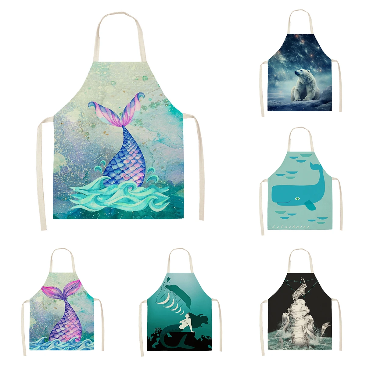 Women's kitchen apron oil painting style Restaurant chef barber Waterproof apron for menand child painting ocean shark 55×68cm