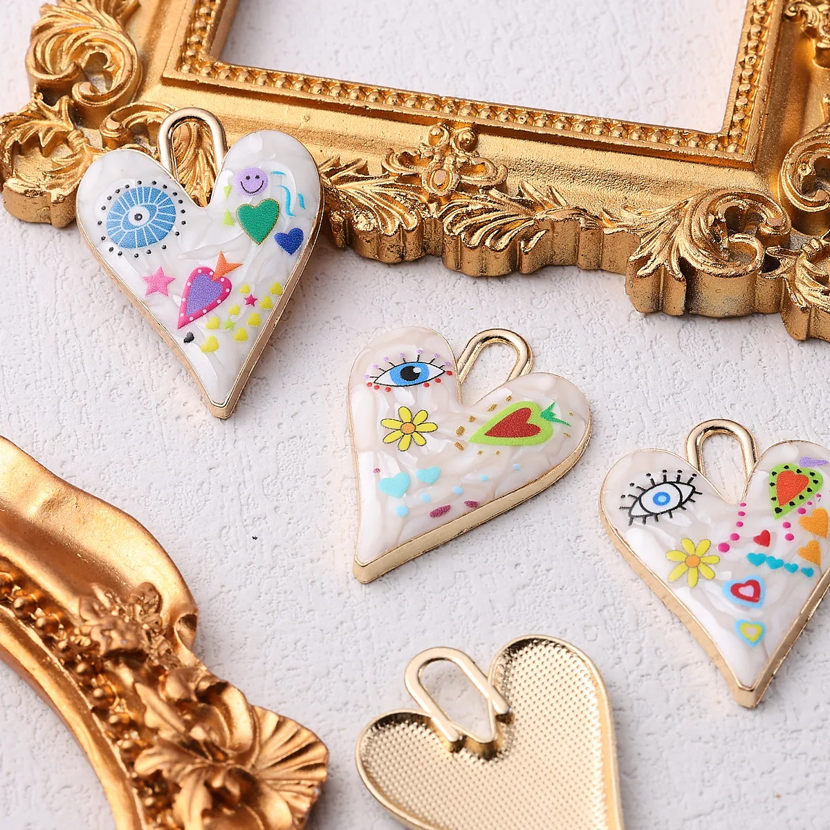 15pcs Painted Evil Eye Peach Heart Love Graffiti DIY Handmade Pendant Keychain Necklace Accessories