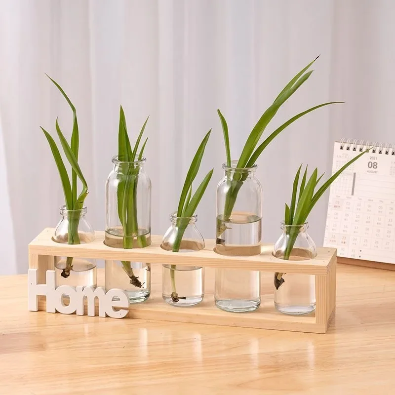 

5-трубная стеклянная гидропонная зеленая ваза для пробирок для растений, серия ваз с деревянной рамой, украшение для дома и офиса, рабочего стола, подарок