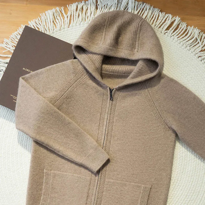 

Высококачественный мужской свитер из 100% кашемира, толстый кардиган на молнии с капюшоном и карманами, пальто, умная повседневная мягкая теплая кашемировая вязаная куртка