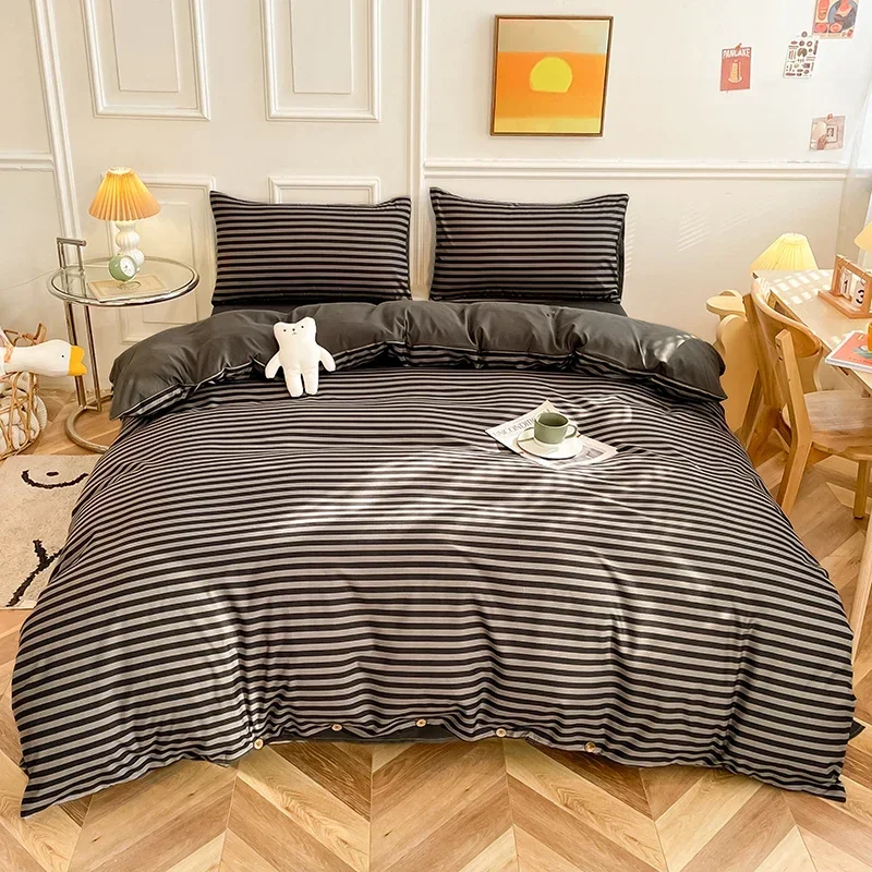 Black And Grey Stripes 4 Pieces Button Closure Duvet Cover Set Soft & Easy Care Bedding Comforter Covers with Ties for Women Men