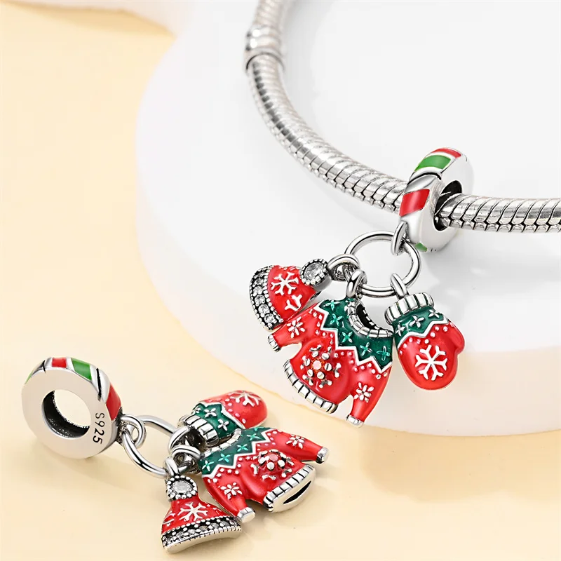 S925 Sterling Silver Winter Snowman Christmas Tree Pendant Charms Fit Original 3MM Bracelet For Women Birthday Jewelry Gift