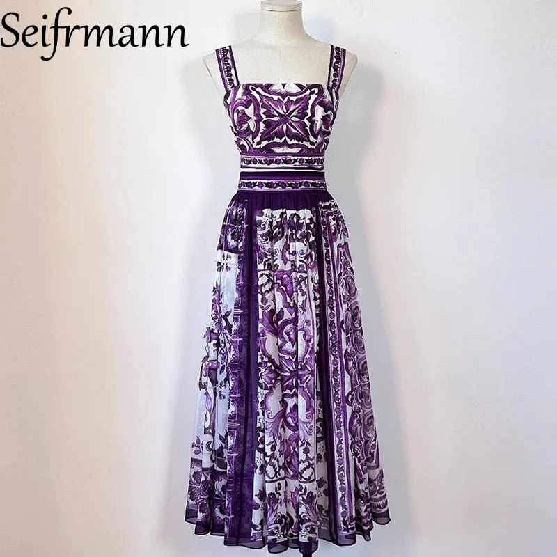Seifrmann Women's Elegant Party Suit Sexy Spaghetti Strap Backless Slim Tops+Casual Pleated Skirt Print Cotton Two-piece set