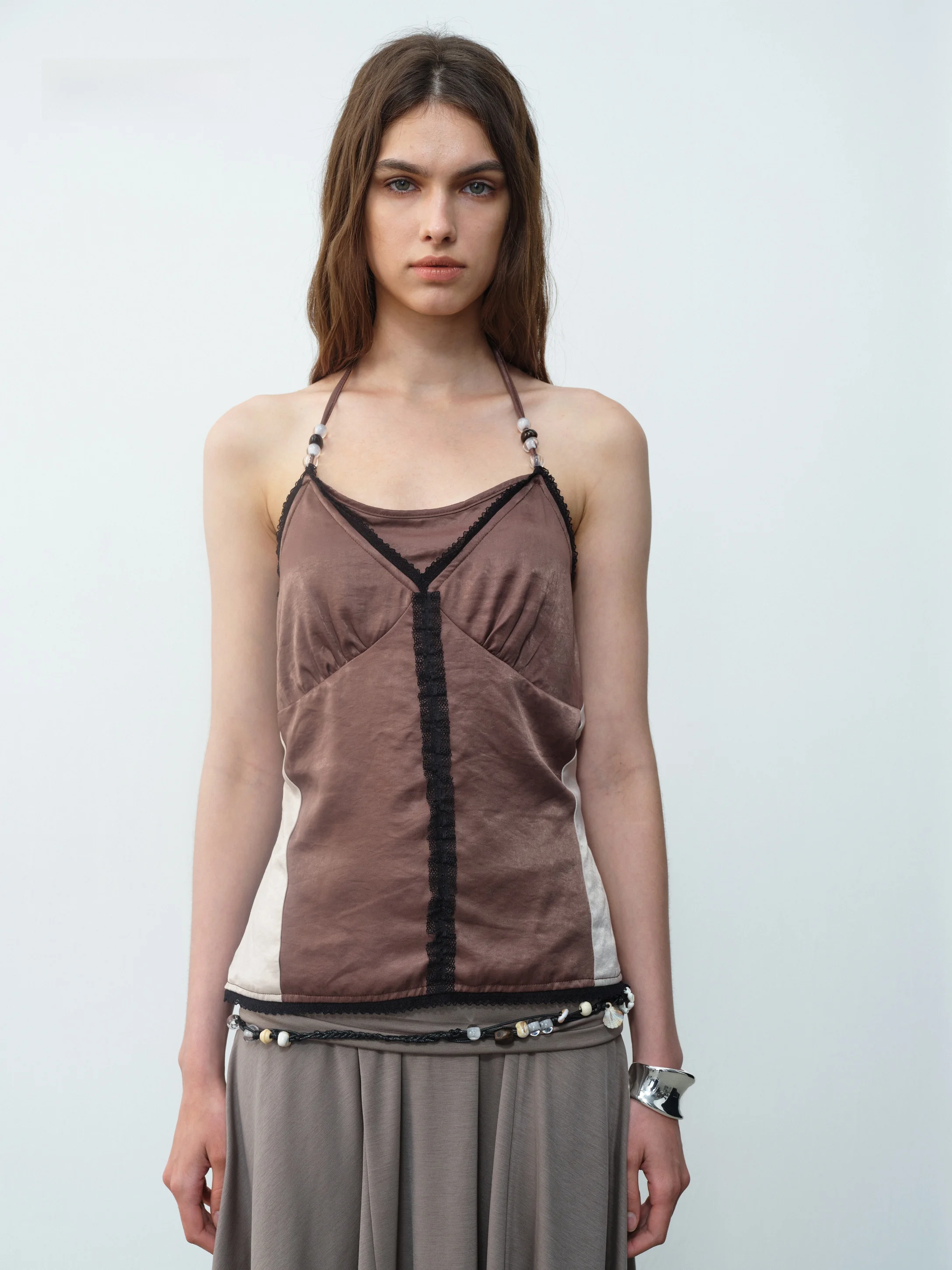 

AEOOY Satin Lace Trim Color Blo Strap Vest Summer Bead Decorated Bal Original Design Slim Fit Women's Top