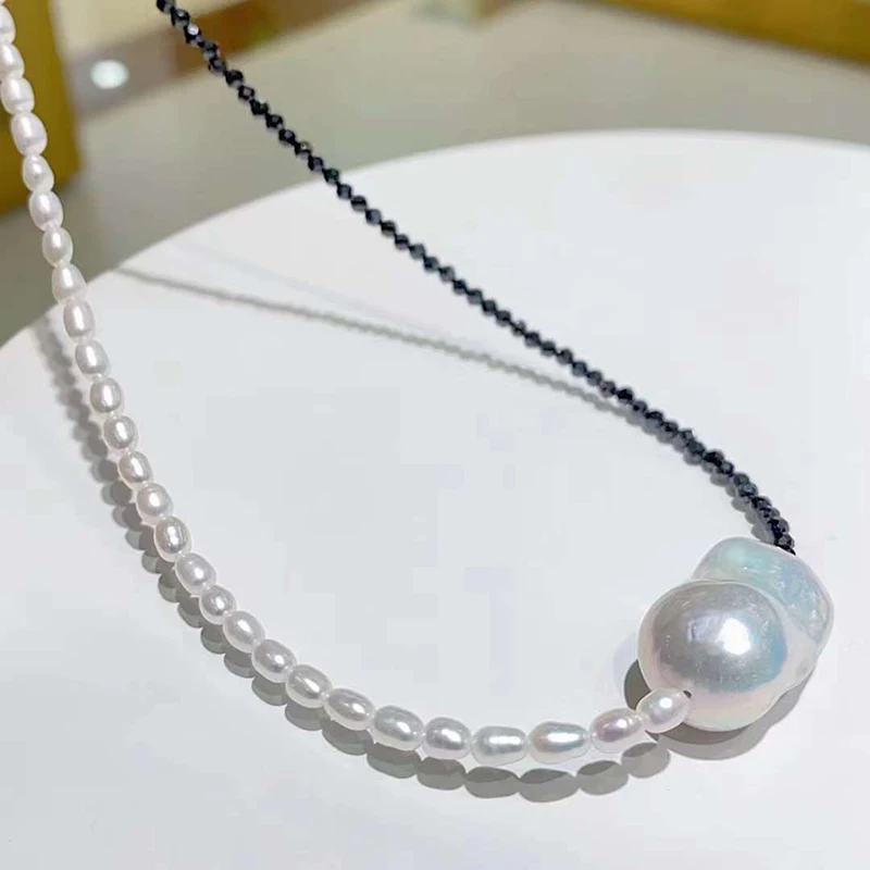 SGARIT High Quality Pearl Pendant Sweater Necklace S925 Silver Natural Baroque Pearl with Black Crystal Pointed Beaded Necklace