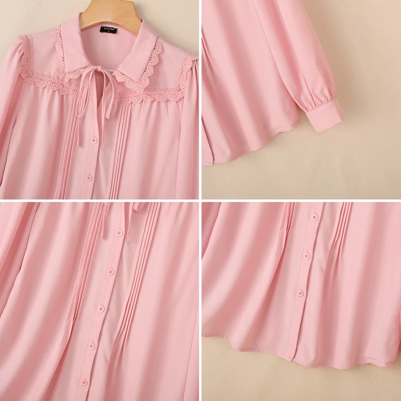 VONDA ファッション長袖シャツ女性レースパッチワーク包帯カジュアルブラウス春秋ラペルオフィスレディエレガントチュニックトップス