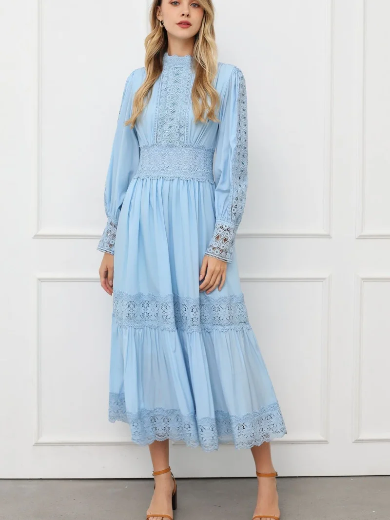 Modisches Spitzen-Splicing Boho-Kleid Herbstkleidung Damen 2026 Laternenärmel Strangkragen Maxi Lange Kleider Urlaubs-Abendkleid