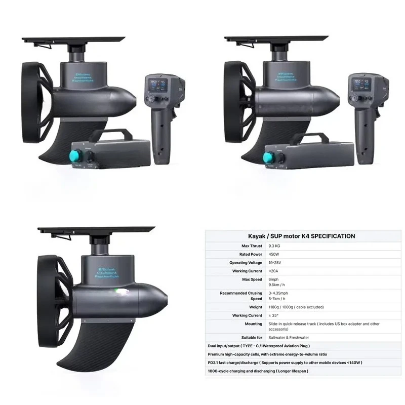 The Edge K4 intelligent drive electric kayak tug motor features a quiet, brushless underwater propulsion system for fishing