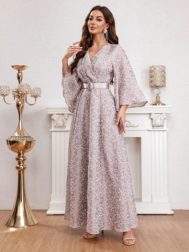 TOLEEN-Women Flare Sleeve Belted Wrap Dress, Long Dresses, All Over Print, Luxury, Elegant, Arabian Party, Evening, Summer, 2024