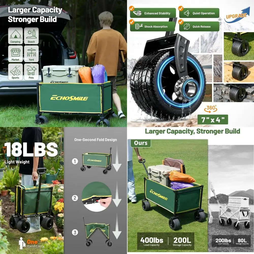 

Heavy-Duty 400lbs Capacity All-Terrain Folding Wagon for Camping, Beach, and Outdoor Adventures - Wide Wheels, Portable Utility,