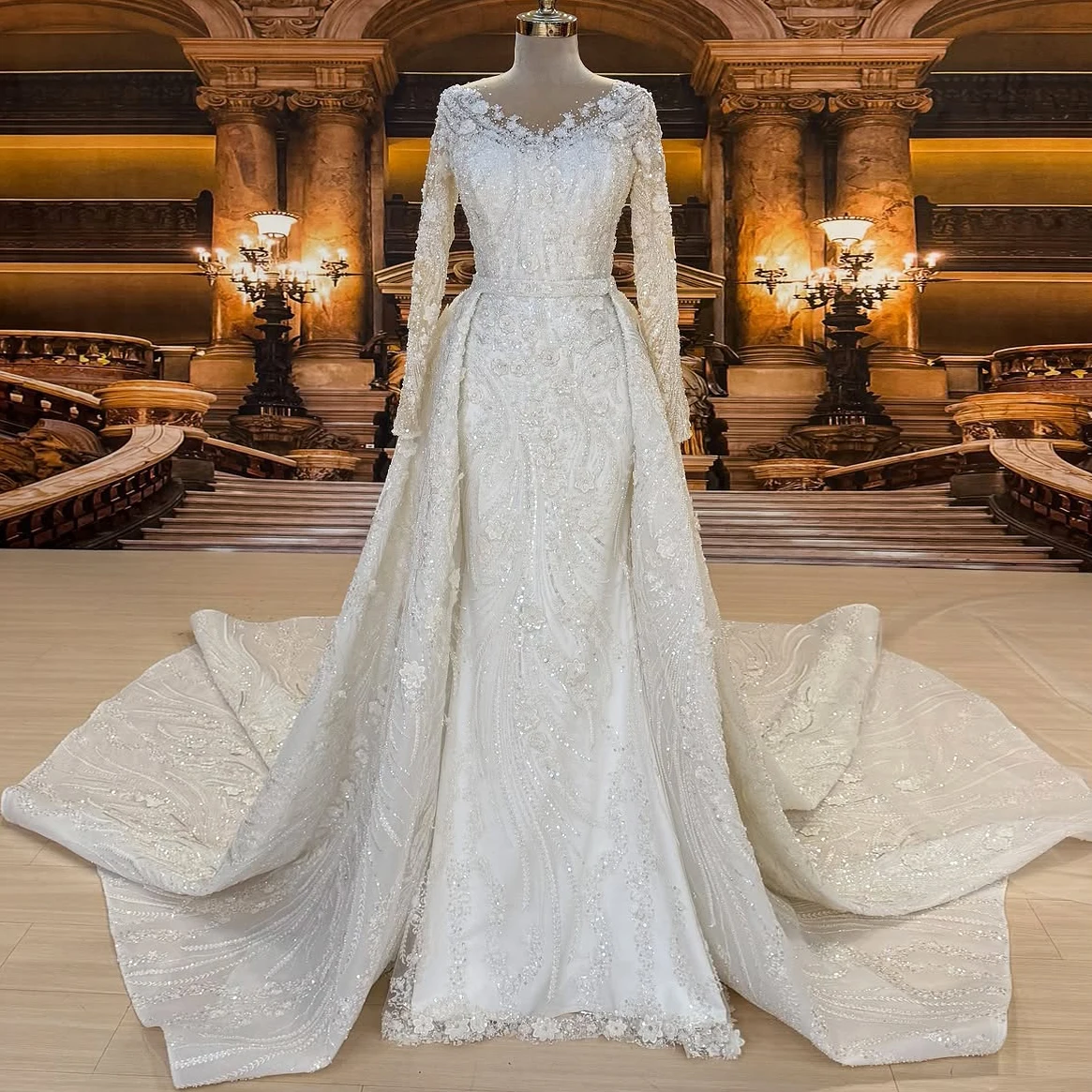

Floral Appliques Embroidery Pearl Wedding Dress With Detachable Train Sequined Fishtail Wedding Dress Long Sleeves White Dress