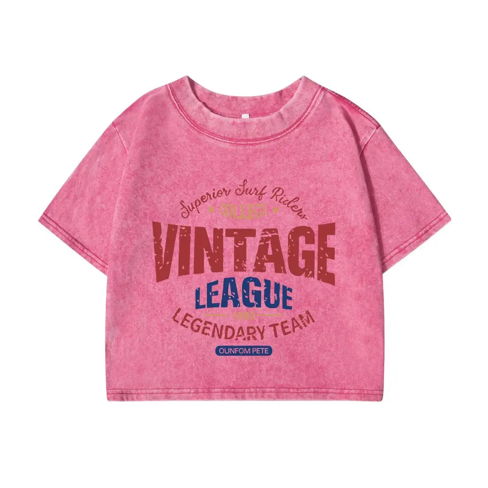 T-shirt lavate in cotone da donna T-shirt vintage con stampa di lettere della lega Manica corta Allentata O-Collo Top in difficoltà Abiti da strada femminili