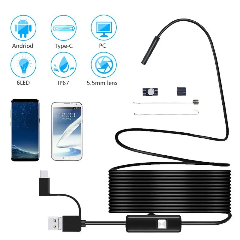 5.5MM Android Endoscope 3 in 1 USB/Micro USB/Type-C Borescope Inspection Camera Waterproof for Smartphone with OTG and UVC PC