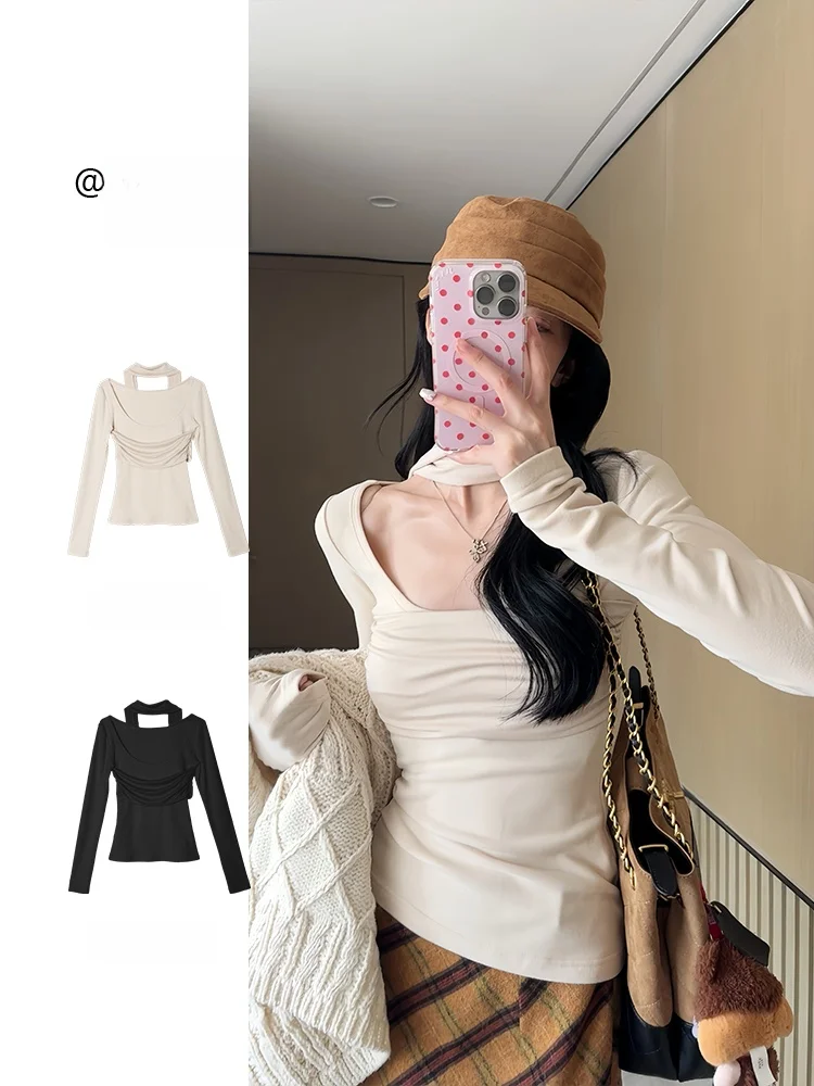 

Повседневный вязаный топ с поясом для женщин, внутренняя одежда, зима 2025, новинка, мягкий, из вискозы и полиэстера, с длинным рукавом, дышащий