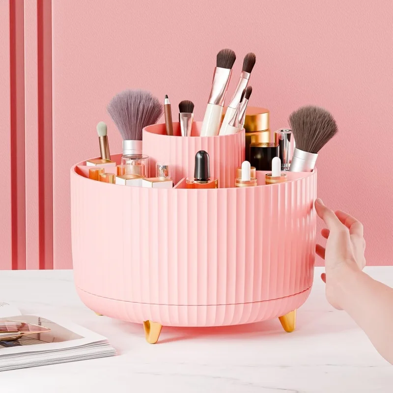 360° Rotating Makeup Organizer Multi-Functional Cosmetic Storage Brush Holder Jewelry Case with 5 Compartments for Vanity Desk
