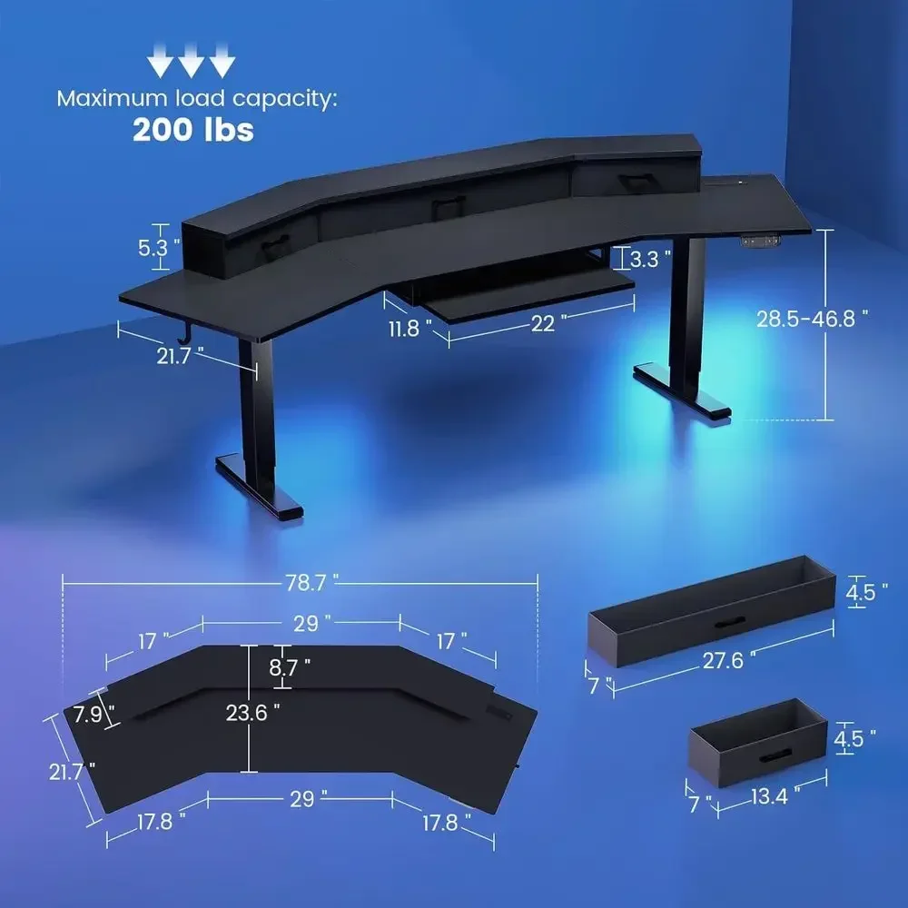79 Electric Adjustable Height Gaming Desk with Drawers and LED Lights, Power Outlet, Black