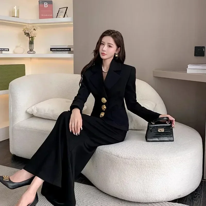 Plus Size 2024 New Fashion All Season Office Womens Full Sleeve Big Gold Metal Button Pockets Slim Casual Black Blazer Coat