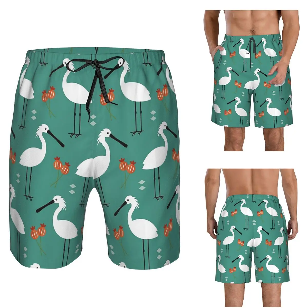 Spoonbills On Blue Trunks Beach Board Shorts Casual Quick Dry Swim Summer Men Pants