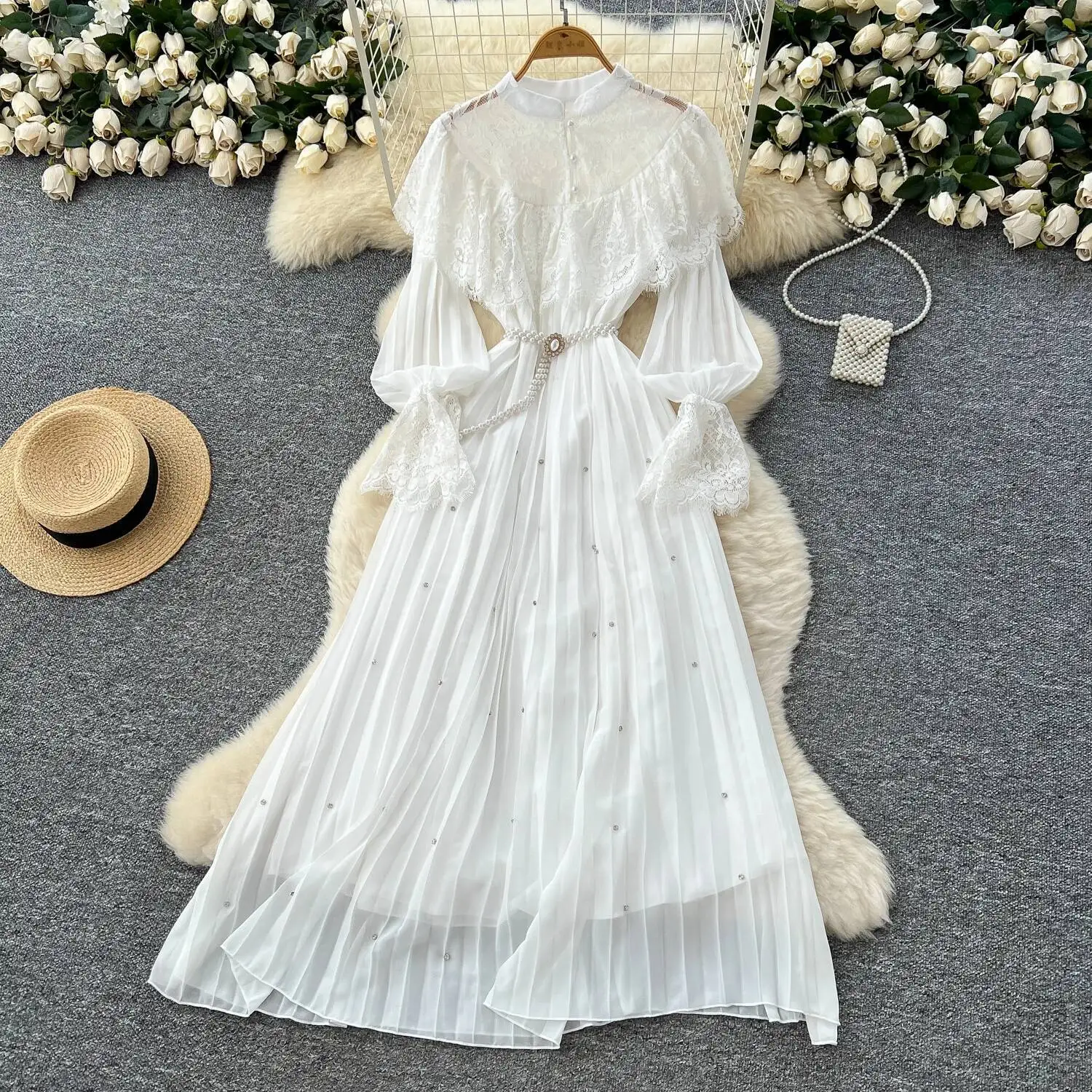 Elegancka sukienka w stylu vintage z seksownymi łańcuszkami, rękawami typu lampion, w stylu koreańskim, boho, sukienka letnia, odzież damska, długa sukienka.