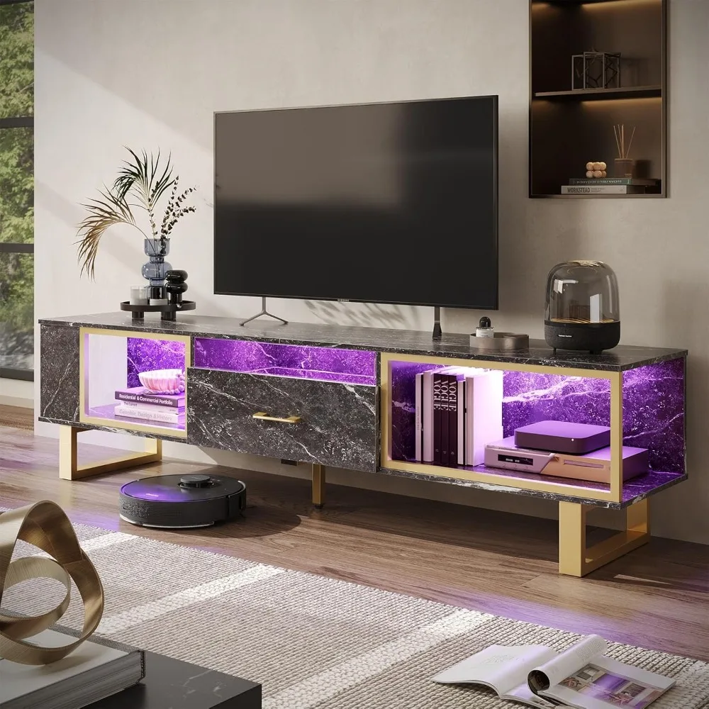 TV Stand for 65/70/75/80 Inch TV, LED Gaming Entertainment Center with Storage and Half-Glass Design Drawer, Modern TV