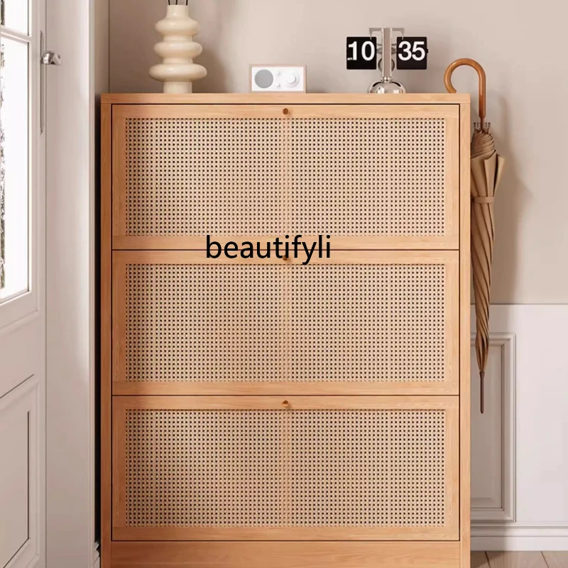

Solid Wood Rattan Ultra-Thin Shoe Cabinet Home Entrance Storage Cabinet Wall-Mounted Narrow Entryway Cabinet