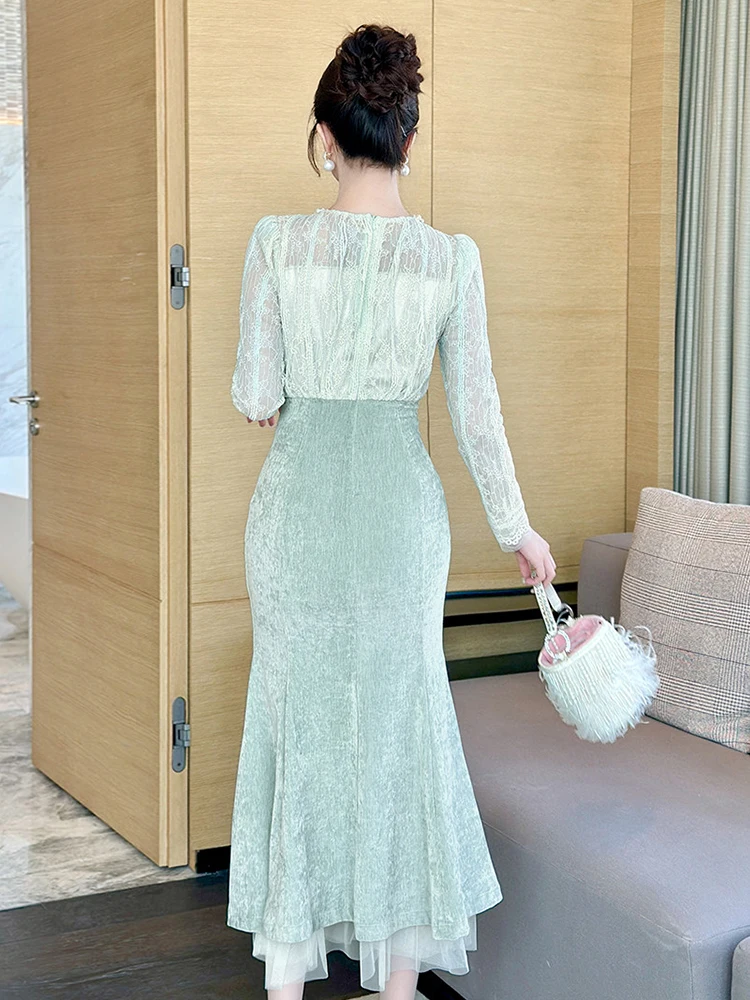 Falso 2 piezas de encaje transparente Sexy Maxi vestido de mujer elegante ocasión Formal vestido de noche fiesta delgada ropa de mujer Casual nueva llegada