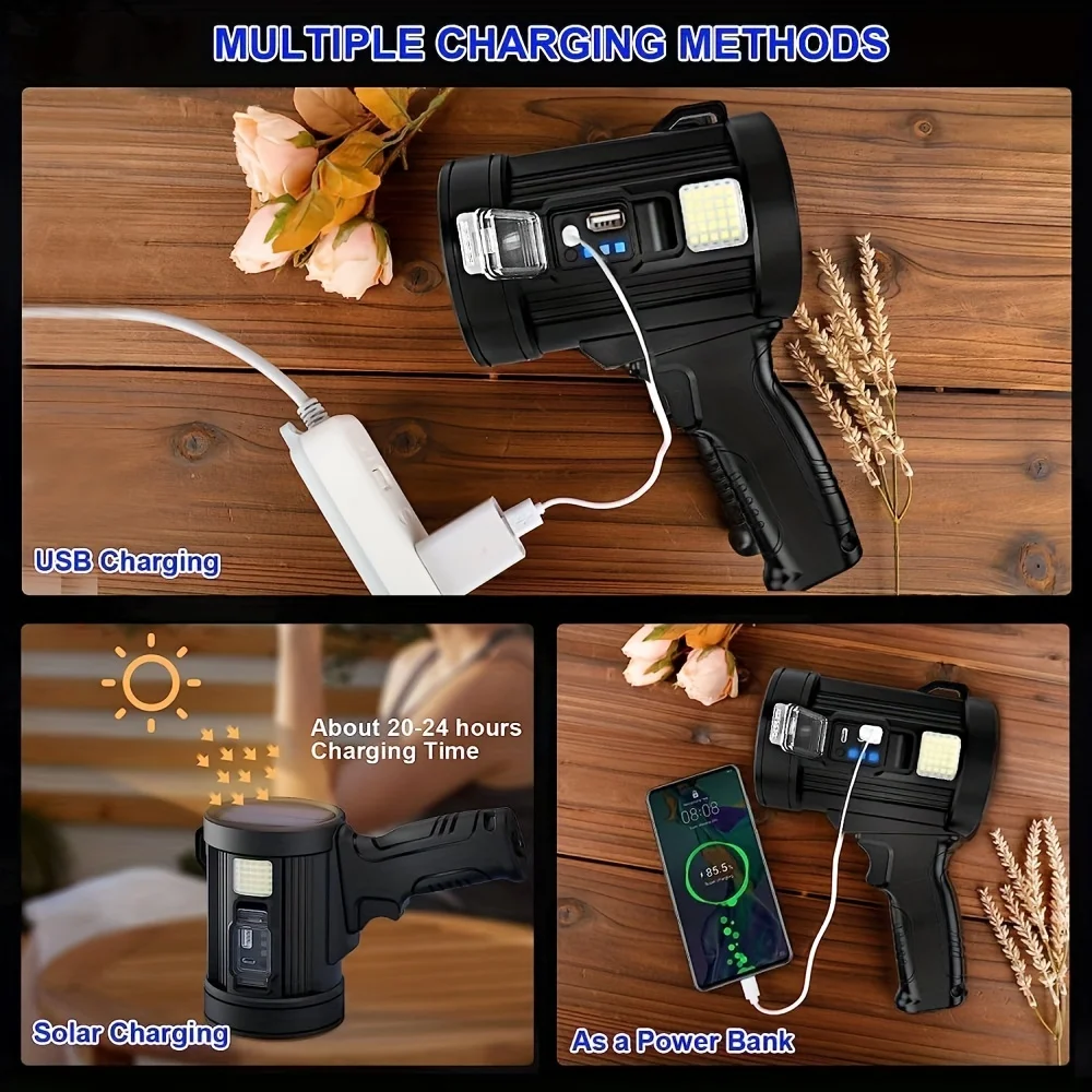Torcia con faretto a LED luminoso ad alti lumen, faretto ricaricabile, torcia portatile da esterno con pannelli solari per il campeggio