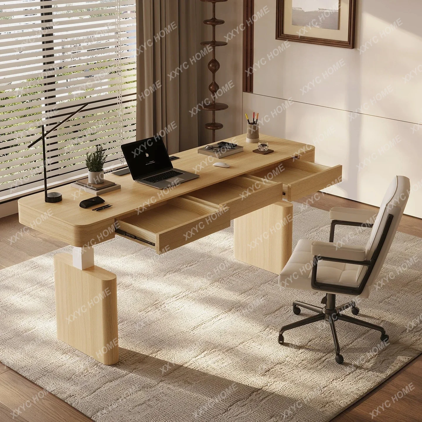 White wood solid wood electric lifting table modern office computer desk double motor with drawers study table