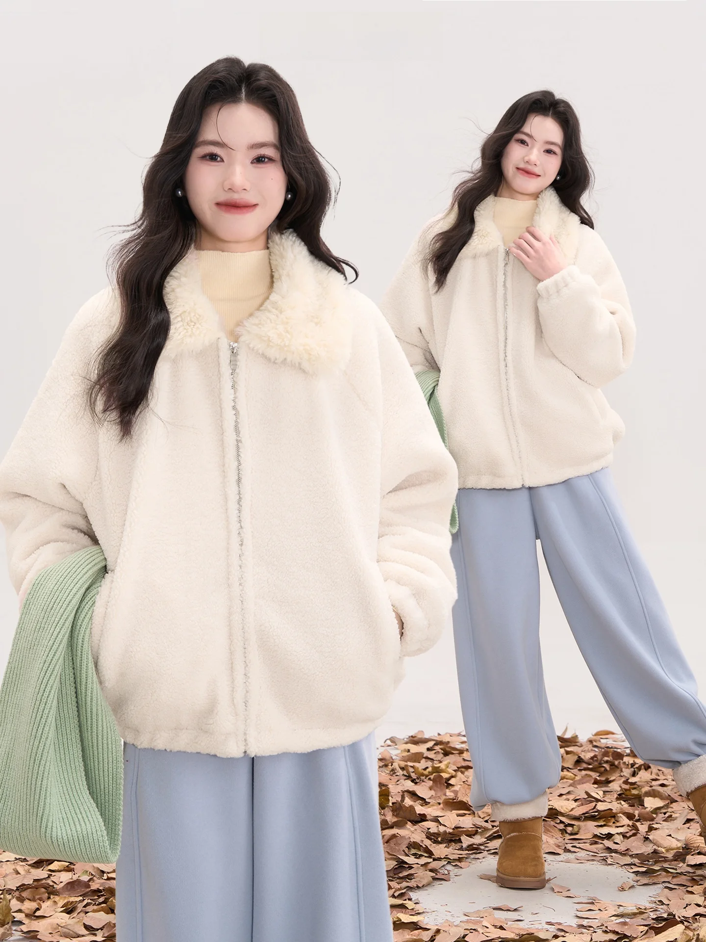 

Korean Sle Thiened Lamb Fur Collar Fluffy Cotton Jaet Women's Faion Philosphy Heart-Pounding Window Display Coat