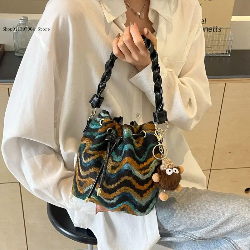 Retro Simple Bohemian Knitted Pattern Clash Salad Rope Shoulder Crossbody Bucket Bag for Women