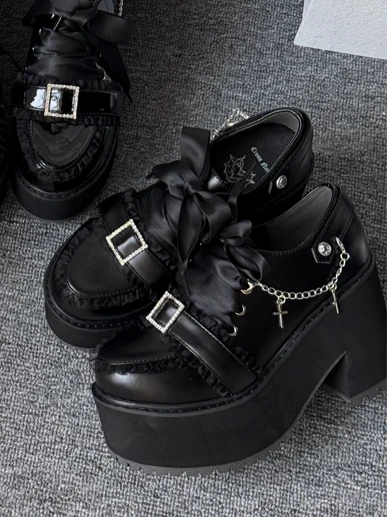 

Original Japanese Mid-Heel Thick-Soled High Heels Landmine Series Mass-Produced Round-Toe Beaded Rhinestone Pu Shoes for Women