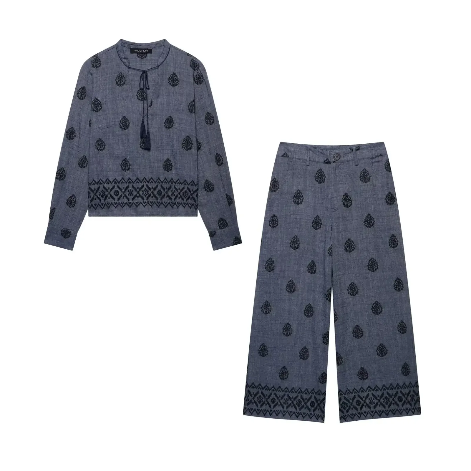 

Spring Autumn Women Suit Casual Two Piece Set Women Outfit Wide Leg Pants Sets Women 2 Pieces New Fashion Embroidered Shirt Top