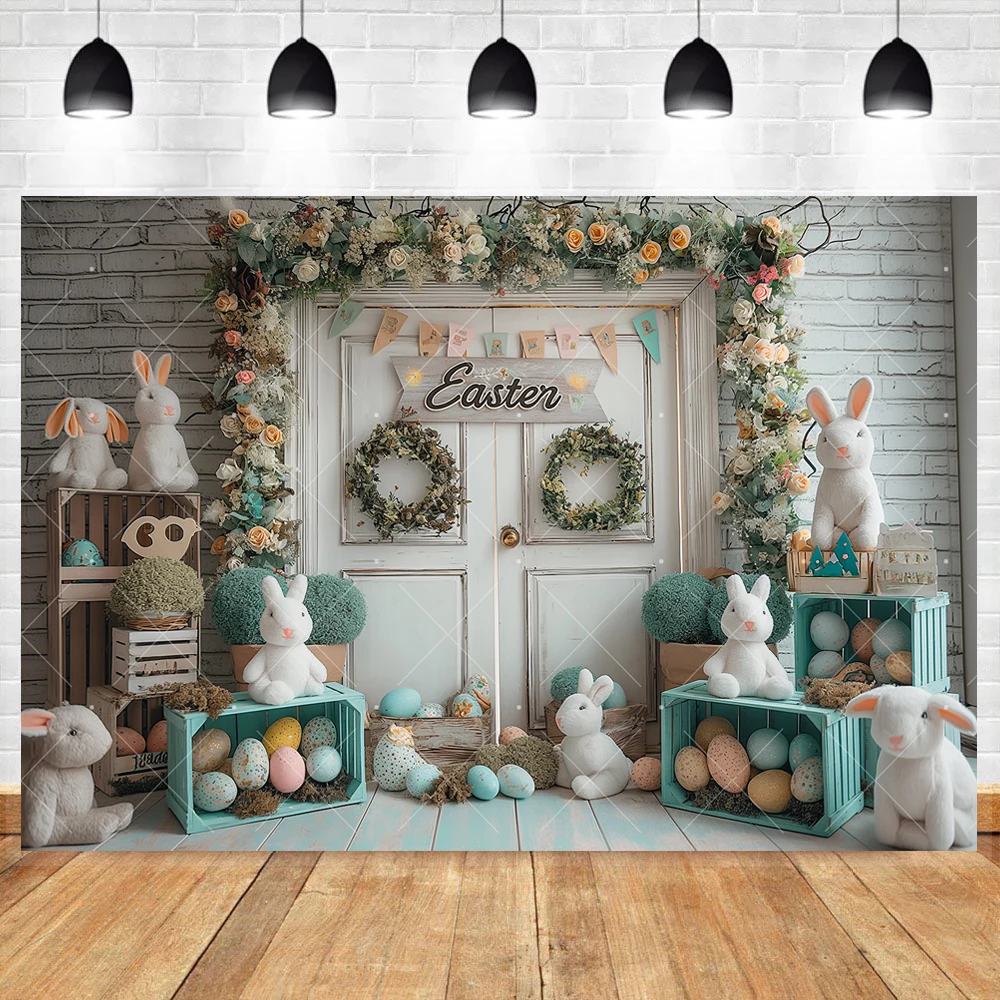 Toile de fond de porte de grange de printemps, guirxiété d'oeufs de Pâques, lapin pour enfants, adultes, anniversaire, fête de famille, photographie personnalisée, décor d'affiche