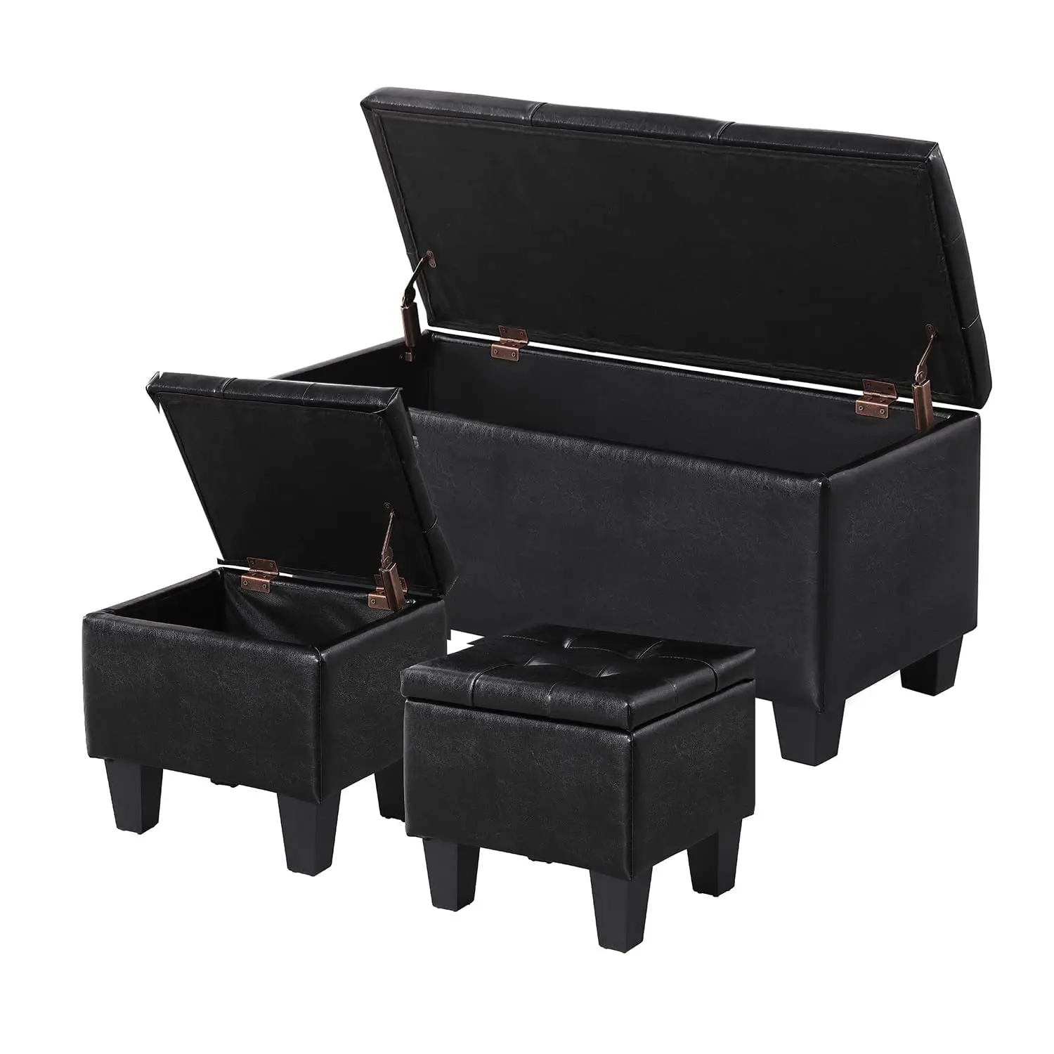 PU Leather Storage Ottoman Set of 3 Tufted Upholstered Black, Customized