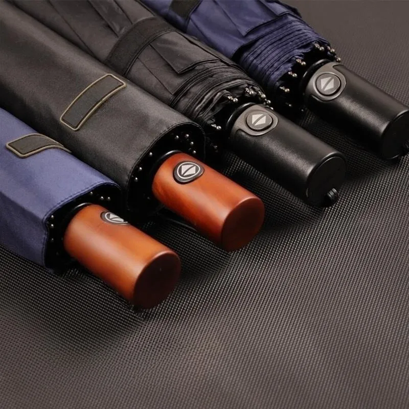 

Solid Wood Retro Automatic Umbrella Simple Wooden Handle Durable Thickened Sunny Rainy Dual-use Black Vinyl Business Umbrella
