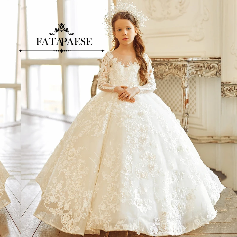 FATAPAESE Stunning Flower Girl Dresses 3D Floral Lace Blouse Illusion Neck  Long Sleeve Ball Gown Wedding Party LittleBridesmaid