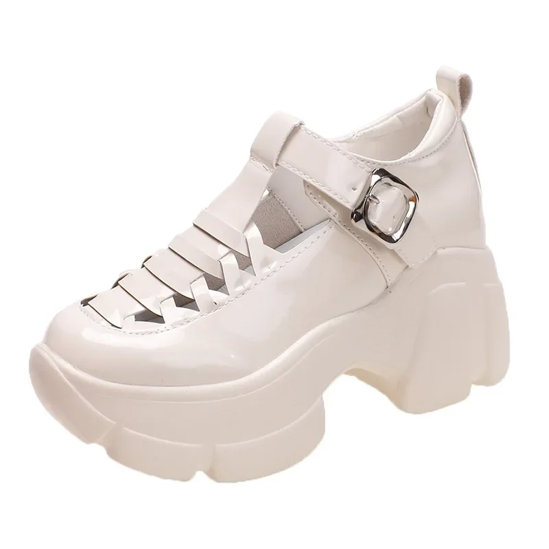 Women Patent Leather Chunky Sneakers Breathable Chain High Heels British Style Platform Casual Shoes Woman 7cm