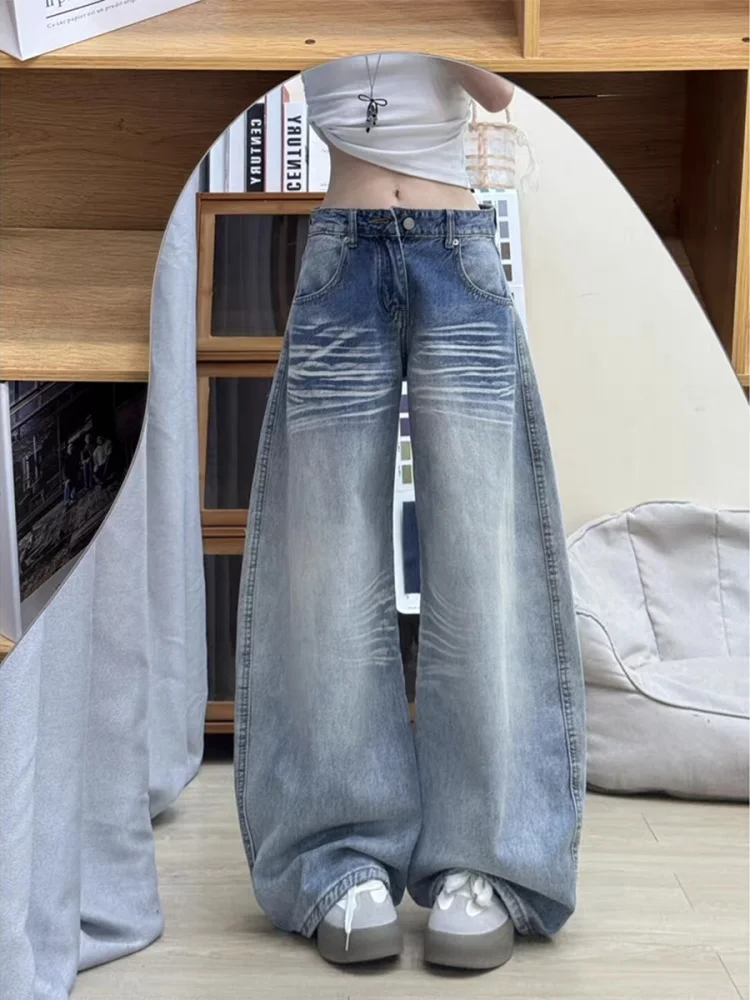 

plus Size Vintage American Style Knife Denim Jeans Women's Autumn Winter Fleece Lined Straight Leg Wide Leg Pants