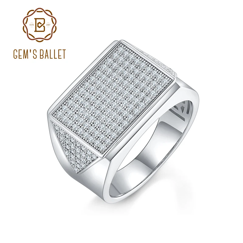 GEM'S BALLET 925 Sterling Silver Mens Hip Hop Diamond Wedding Ring Moissanite Engagement Rings Chunky Pinky Ring Gift For Him