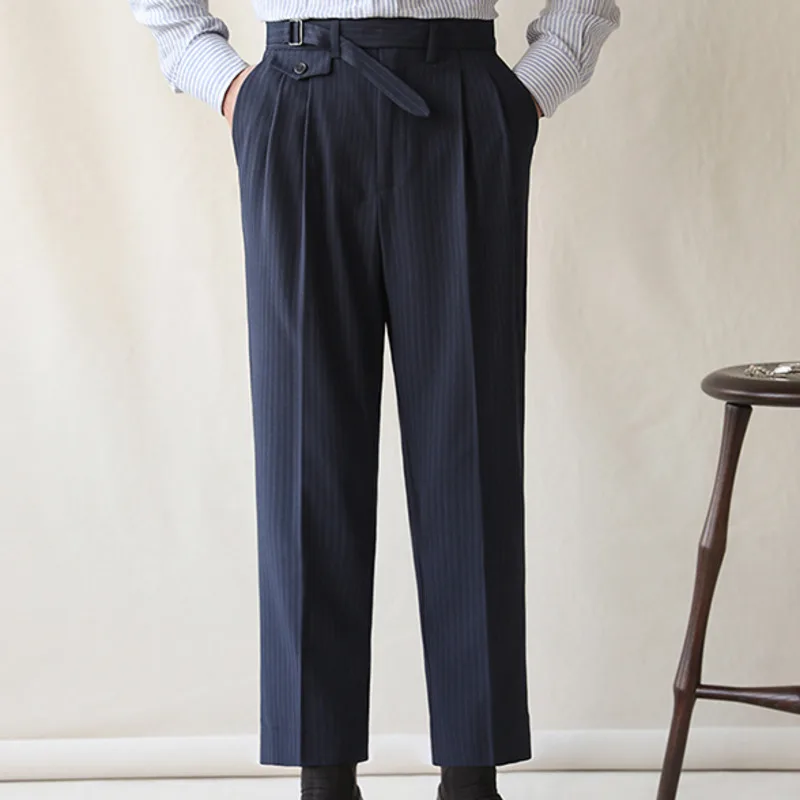 Luxury High Waist Casual Pants Korean Versatile Slim Long Pants Men\'s Fashion Fall Stripe Straight Men Clothes Office Trousers