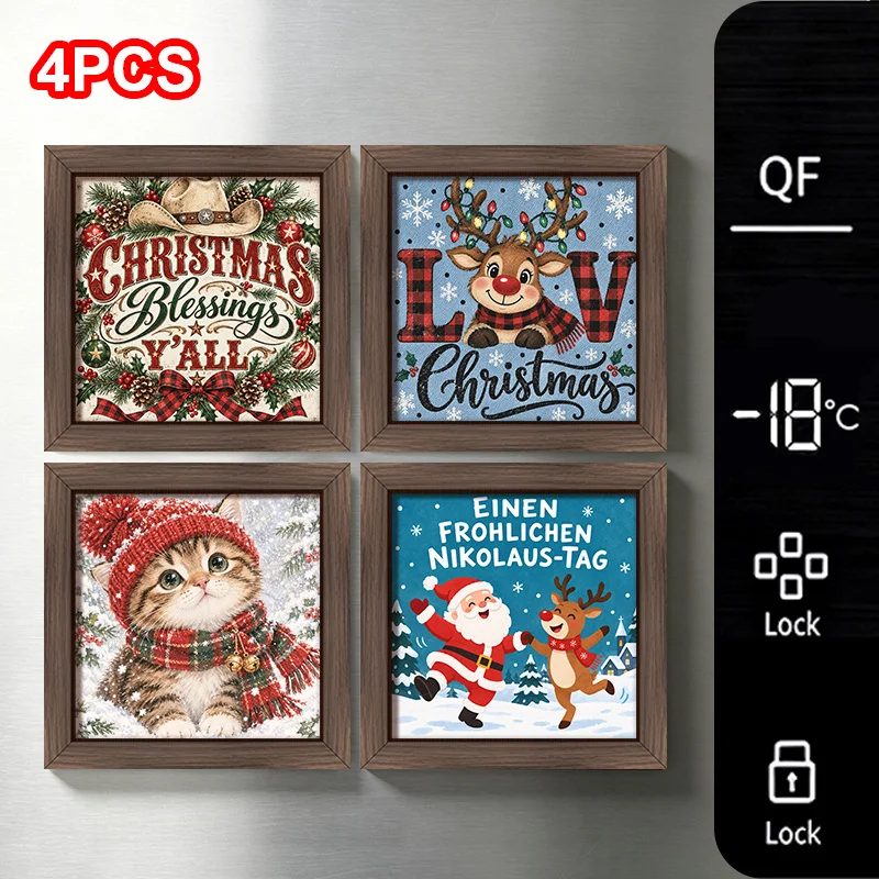 4Pcs Cute Christmas Animal Wooden Frame Fridge Magnets, Western Cowboy Cat Reindeer Santa Refrigerator Magnet Set, Christmas