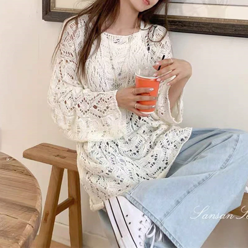 Korean Fashion Elegant Hollow Out Design Oversized Sweater Women Spring Summer Autumn Ladies Pullover Pull Femme Cheap Wholesale