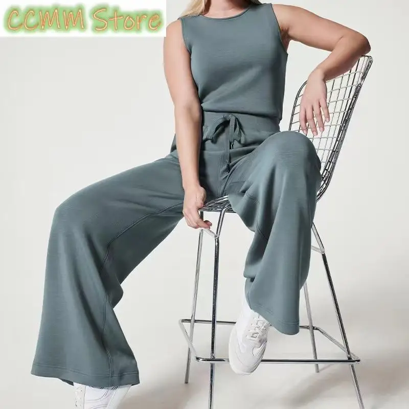 

Spring Solid Slim Back Button OL Jumpsuit Summer O Neck Sleeveless Tank Playsuit Women Drawstring Straight Pants Romper Overalls