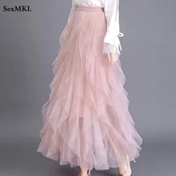 Fahsion Elastic Black Tulle Skirts Women 2026 Elegant High Waist A Line Casual Faldas Korean Style Pink Y2k Long Pleated Skirt