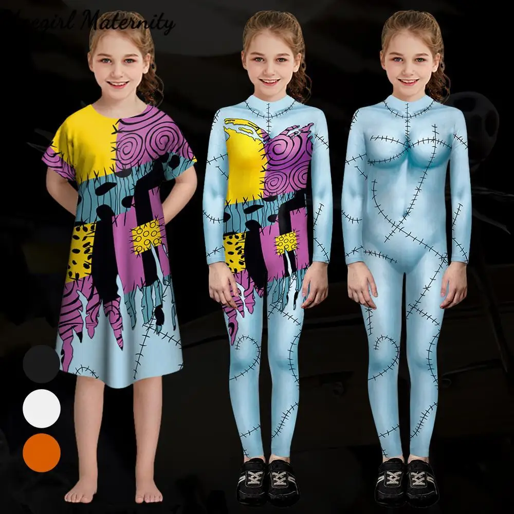 Kids Halloween Girls Sally Cosplay Costume Patchwork Pattern Bodysuit Fancy Disguise Suit Carnival Party Clothes Zentai Catsuits