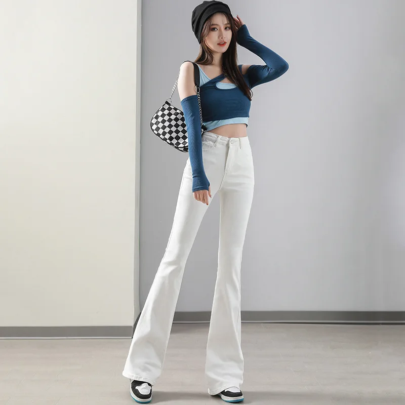 White Flared Jeans For Women Spring Autumn 2024 New High Waist Slim Fit Floor-Length Pants Trendy