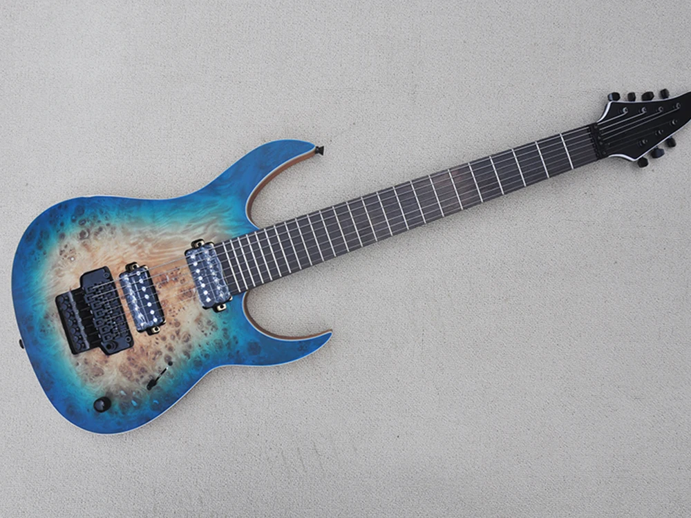 

7 Strings Blue Electric Guitar with Tremolo Bar,Burl Maple Veneer,24 Frets,Rosewood Fretboard