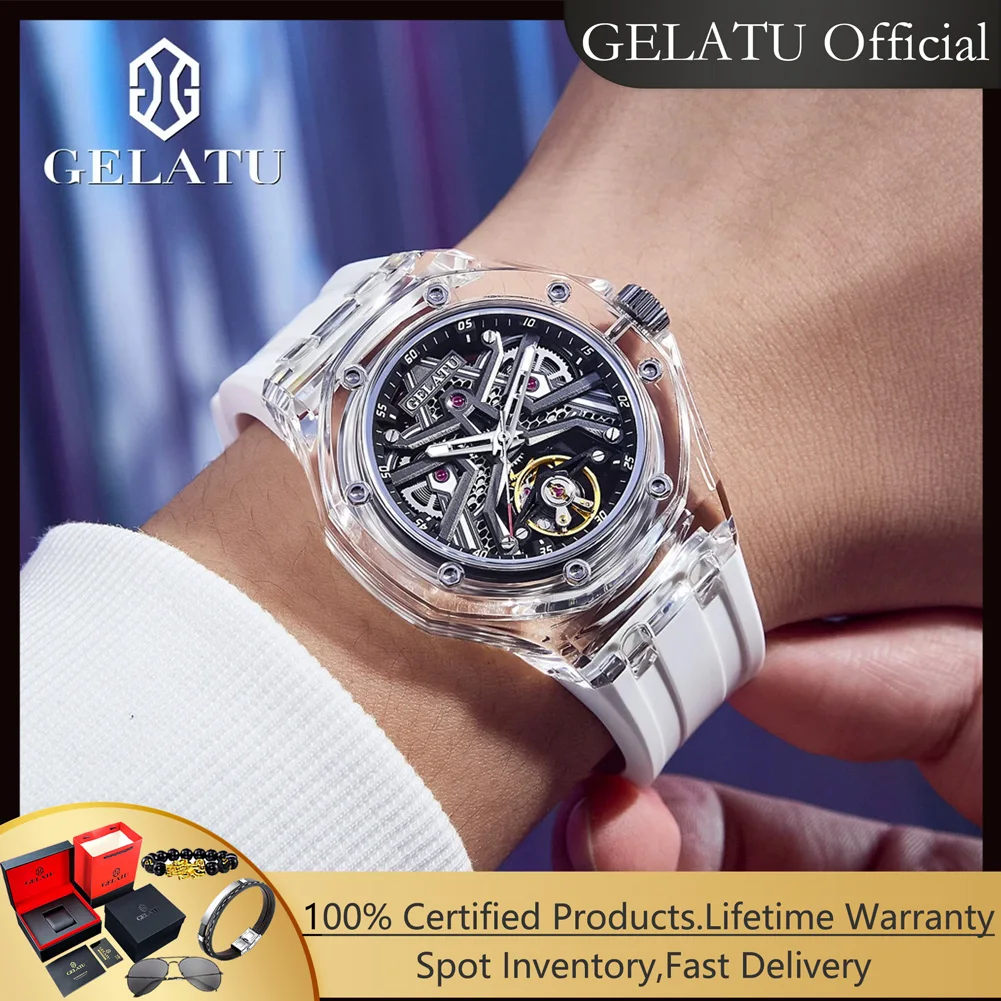 GELATU 8002 Automatic Watches for Men Fully Transparent Hollowed Man Watch High-end Luxury Brand Original Mechanical Wristwatch