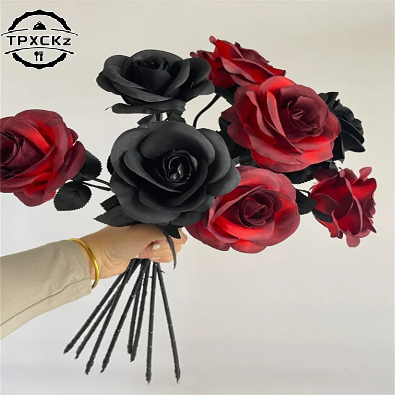 Fake Flower Black Silk Artificial Rose Flower Halloween Gothic Dark Flowers For Wedding Home Party Decor Simulation Flowers